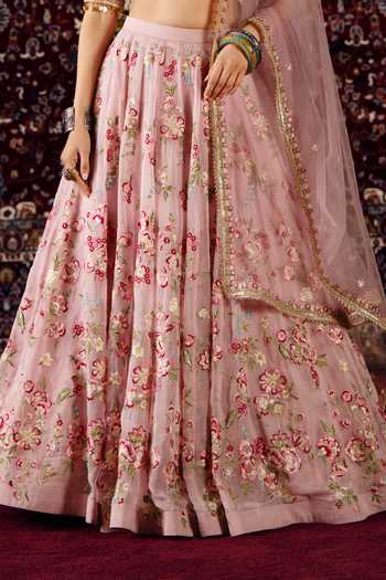 Shop Lashkaraa Pink Organza, Net Round Neck Floral Embroidered Lehenga Set Online at Aza Fashions Shop_Lashkaraa_Pink Organza, Net Round Neck Floral Embroidered Lehenga Set _Online_at_Aza_Fashions