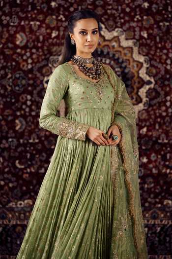 Buy_Lashkaraa_Green Silk, Net, Viscose V-neck Embroidered Anarkali With Dupatta _Online_at_Aza_Fashions