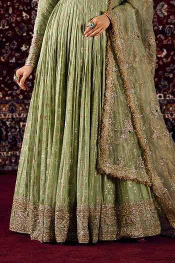 Shop_Lashkaraa_Green Silk, Net, Viscose V-neck Embroidered Anarkali With Dupatta _Online_at_Aza_Fashions