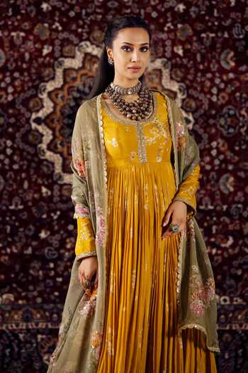 Buy Lashkaraa Yellow Silk, Organza, Viscose Round Pleated Embroidered Anarkali With Dupatta Online at Aza Fashions Buy_Lashkaraa_Yellow Silk, Organza, Viscose Round Pleated Embroidered Anarkali With Dupatta _Online_at_Aza_Fashions