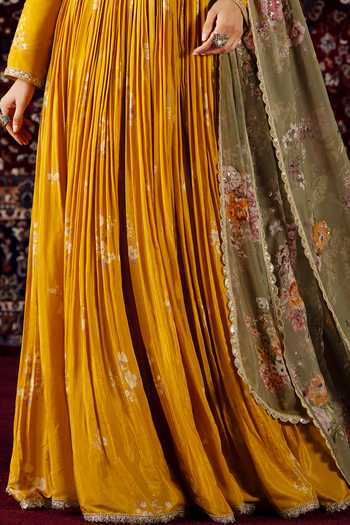 Shop Lashkaraa Yellow Silk, Organza, Viscose Round Pleated Embroidered Anarkali With Dupatta Online at Aza Fashions Shop_Lashkaraa_Yellow Silk, Organza, Viscose Round Pleated Embroidered Anarkali With Dupatta _Online_at_Aza_Fashions