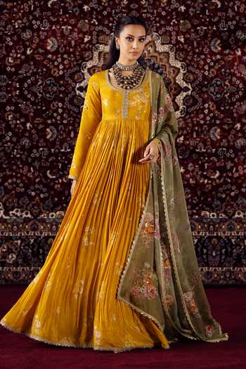 Lashkaraa Yellow Silk, Organza, Viscose Round Pleated Embroidered Anarkali With Dupatta at Aza Fashions Lashkaraa_Yellow Silk, Organza, Viscose Round Pleated Embroidered Anarkali With Dupatta _at_Aza_Fashions