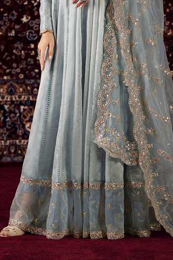 Buy_Lashkaraa_Blue Organza Square Neck Embroidered Anarkali With Dupatta _Online_at_Aza_Fashions