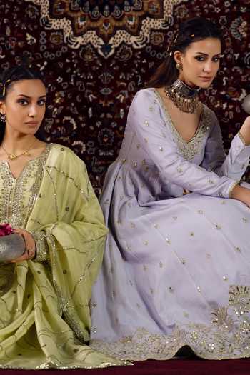 Shop_Lashkaraa_Purple Chiffon, Shantoon, Net V-neck Zari Work Anarkali With Dupatta _Online_at_Aza_Fashions