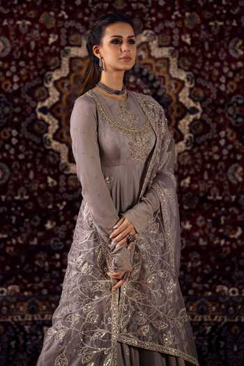 Shop_Lashkaraa_Purple Organza, Crepe Round Neck Embroidered Anarkali Set _Online_at_Aza_Fashions