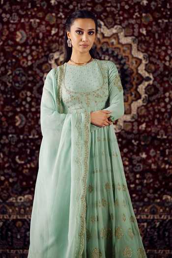 Buy Lashkaraa Green Organza, Georgette Round Neck Floral Embroidered Anarkali Set Online at Aza Fashions Buy_Lashkaraa_Green Organza, Georgette Round Neck Floral Embroidered Anarkali Set _Online_at_Aza_Fashions