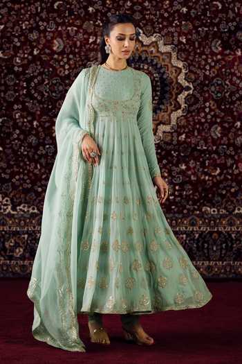 Shop Lashkaraa Green Organza, Georgette Round Neck Floral Embroidered Anarkali Set Online at Aza Fashions Shop_Lashkaraa_Green Organza, Georgette Round Neck Floral Embroidered Anarkali Set _Online_at_Aza_Fashions