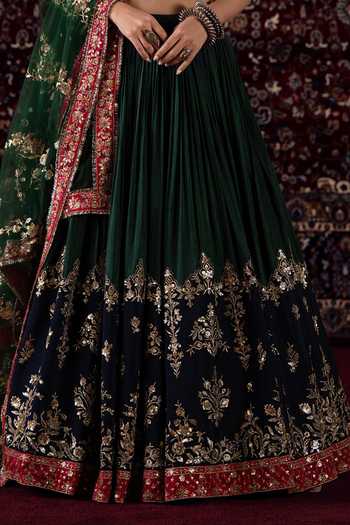 Shop_Lashkaraa_Green Viscose, Silk, Brocade, Net V-neck Zari Embroidered Lehenga Set _Online_at_Aza_Fashions