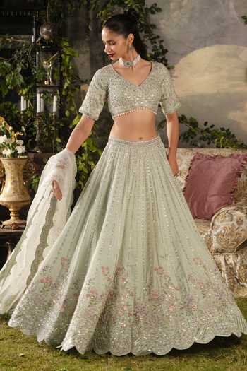 Shop_Lashkaraa_Green Net, Tissue V-neck Embroidered Lehenga Blouse Set _Online_at_Aza_Fashions