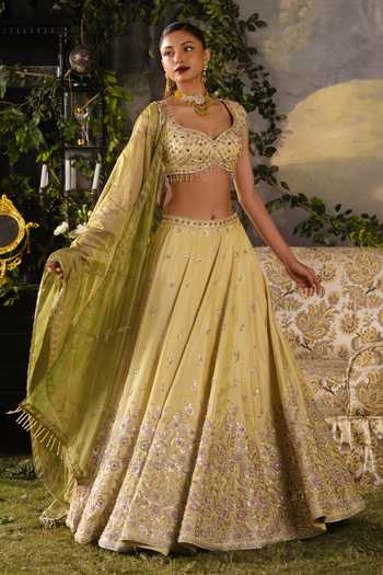 Lashkaraa Gold Tissue Sweetheart Neck Floral Embroidered Lehenga Set at Aza Fashions Lashkaraa_Gold Tissue Sweetheart Neck Floral Embroidered Lehenga Set _at_Aza_Fashions