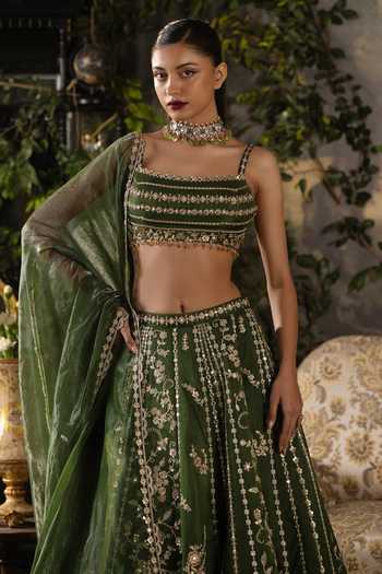 Buy_Lashkaraa_Green Silk, Organza Square Neck Embroidered Panelled Lehenga Set _Online_at_Aza_Fashions