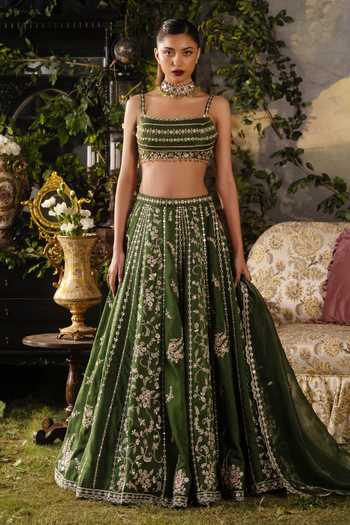 Shop_Lashkaraa_Green Silk, Organza Square Neck Embroidered Panelled Lehenga Set _Online_at_Aza_Fashions