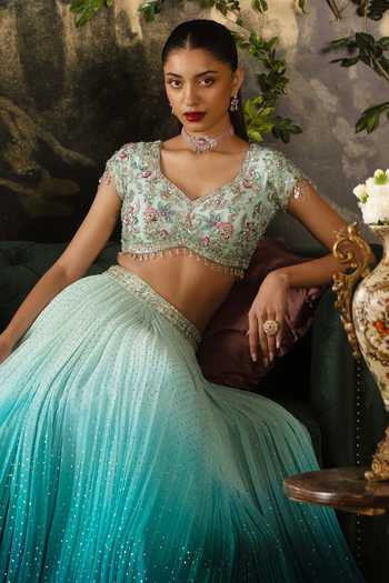Buy_Lashkaraa_Blue Georgette, Net Sweetheart Neck Ombre Lehenga Embroidered Blouse Set _Online_at_Aza_Fashions