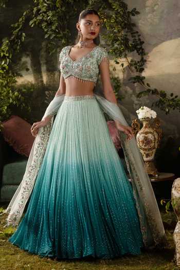 Shop_Lashkaraa_Blue Georgette, Net Sweetheart Neck Ombre Lehenga Embroidered Blouse Set _Online_at_Aza_Fashions