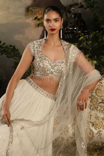 Buy_Lashkaraa_Off White Net, Georgette Sweetheart Neck Embroidered Blouse Lehenga Set_Online_at_Aza_Fashions