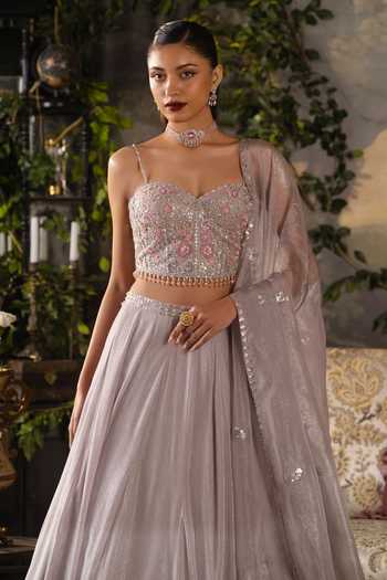 Buy Lashkaraa Purple Organza, Georgette Sweetheart Neck Embroidered Corset Lehenga Set Online at Aza Fashions Buy_Lashkaraa_Purple Organza, Georgette Sweetheart Neck Embroidered Corset Lehenga Set _Online_at_Aza_Fashions