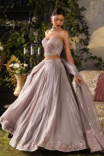 Shop Lashkaraa Purple Organza, Georgette Sweetheart Neck Embroidered Corset Lehenga Set Online at Aza Fashions Shop_Lashkaraa_Purple Organza, Georgette Sweetheart Neck Embroidered Corset Lehenga Set _Online_at_Aza_Fashions