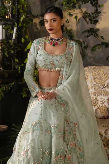 Buy_Lashkaraa_Sky Blue Silk, Net Scoop Neck Floral Embroidered Lehenga Set _Online_at_Aza_Fashions