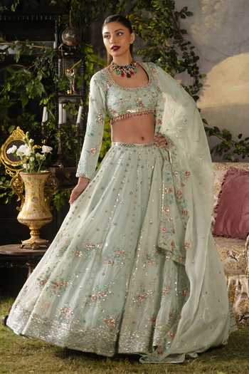 Shop_Lashkaraa_Sky Blue Silk, Net Scoop Neck Floral Embroidered Lehenga Set _Online_at_Aza_Fashions
