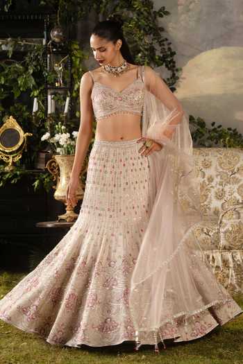 Shop_Lashkaraa_Off White Net, Tissue Sweetheart Neck Zari And Thread Embroidered Lehenga Set _Online_at_Aza_Fashions