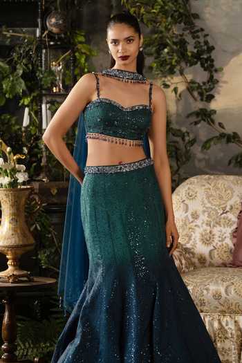 Buy Lashkaraa Green Silk, Net Sweetheart Neck And Lehenga Set Online at Aza Fashions Buy_Lashkaraa_Green Silk, Net Sweetheart Neck And Lehenga Set _Online_at_Aza_Fashions