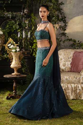 Shop Lashkaraa Green Silk, Net Sweetheart Neck And Lehenga Set Online at Aza Fashions Shop_Lashkaraa_Green Silk, Net Sweetheart Neck And Lehenga Set _Online_at_Aza_Fashions
