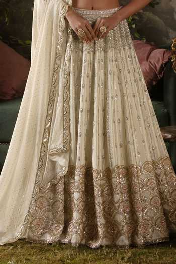 Shop_Lashkaraa_Off White Net, Tissue Sweetheart Neck Zari And Thread Embroidered Lehenga Set _Online_at_Aza_Fashions