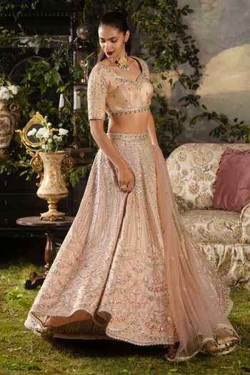 Buy_Lashkaraa_Peach Tissue, Net Sweetheart Neck Zari And Thread Embroidered Lehenga Set _Online_at_Aza_Fashions