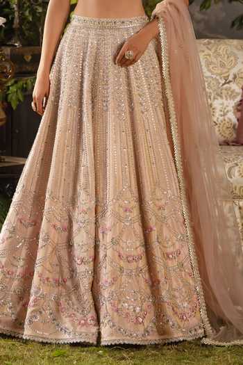 Shop_Lashkaraa_Peach Tissue, Net Sweetheart Neck Zari And Thread Embroidered Lehenga Set _Online_at_Aza_Fashions