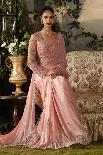 Lashkaraa_Peach Viscose Georgette V-neck Saree And Embroidered Blouse Set _at_Aza_Fashions
