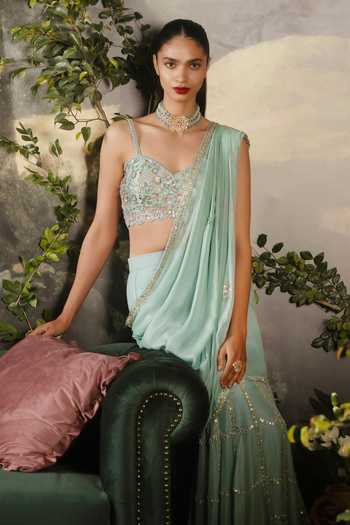 Shop_Lashkaraa_Mint Georgette Sweetheart Neck Embroidered Tiered Saree And Blouse Set _Online_at_Aza_Fashions