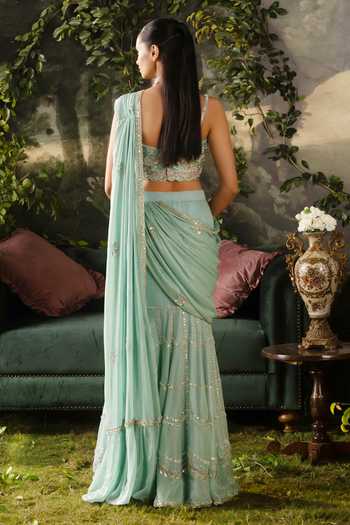 Lashkaraa Embroidered Tiered Saree & Blouse Set 
