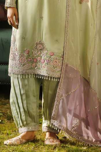 Buy_Lashkaraa_Green Silk, Georgette, Viscose Round Neck, Yes Embroidered Kurta Salwar Set _Online_at_Aza_Fashions