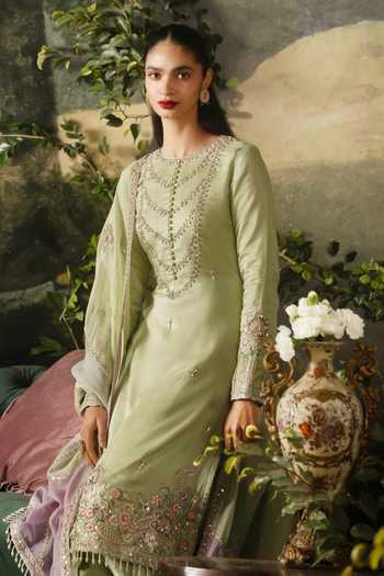 Shop_Lashkaraa_Green Silk, Georgette, Viscose Round Neck, Yes Embroidered Kurta Salwar Set _Online_at_Aza_Fashions