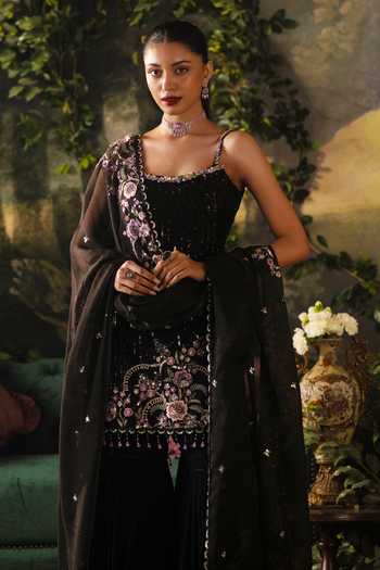 Shop Lashkaraa Black Viscose Georgette, Net Square Neck, Yes Sleeveless Kurta Gharara Set Online at Aza Fashions Shop_Lashkaraa_Black Viscose Georgette, Net Square Neck, Yes Sleeveless Kurta Gharara Set _Online_at_Aza_Fashions