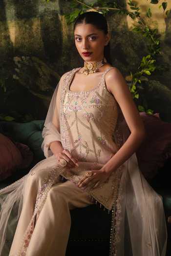 Shop Lashkaraa Beige Tissue, Net Square Neck Embroidered Sleeveless Kurta Set Online at Aza Fashions Shop_Lashkaraa_Beige Tissue, Net Square Neck Embroidered Sleeveless Kurta Set _Online_at_Aza_Fashions