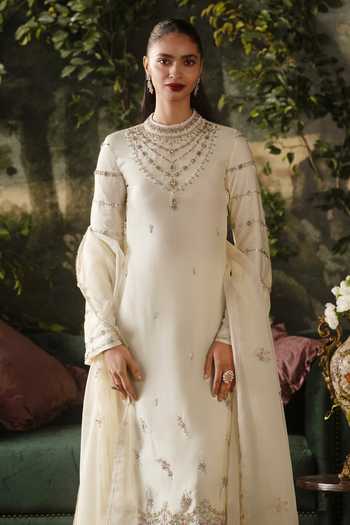 Shop_Lashkaraa_Off White Satin, Viscose, Tissue High Neck Embroidered Kurta Pant Set _Online_at_Aza_Fashions