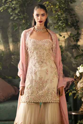 Shop Lashkaraa Pink Organza, Net Sweetheart Neck Embroidered Sleeveless Kurta Set Online at Aza Fashions Shop_Lashkaraa_Pink Organza, Net Sweetheart Neck Embroidered Sleeveless Kurta Set _Online_at_Aza_Fashions