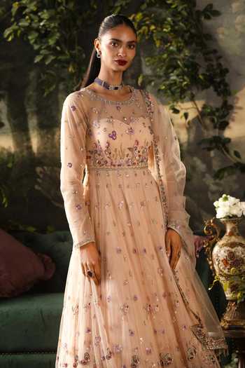 Buy_Lashkaraa_Peach Net Round Neck Floral Embroidered Anarkali Set _Online_at_Aza_Fashions