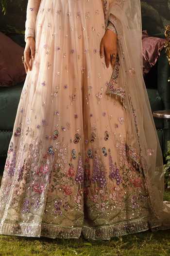 Shop_Lashkaraa_Peach Net Round Neck Floral Embroidered Anarkali Set _Online_at_Aza_Fashions