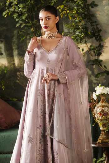 Buy_Lashkaraa_Purple Net, Tissue V-neck Embroidered Anarkali Pant Set _Online_at_Aza_Fashions