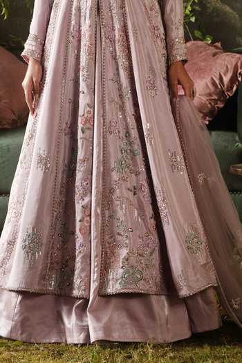 Shop_Lashkaraa_Purple Net, Tissue V-neck Embroidered Anarkali Pant Set _Online_at_Aza_Fashions