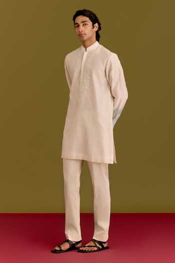 Shop Devnaagri Blue Silk, Chanderi, Cotton, Lycra Embroidered Placket Kurta Set Online at Aza Fashions Shop_Devnaagri_Blue Silk, Chanderi, Cotton, Lycra Embroidered Placket Kurta Set _Online_at_Aza_Fashions