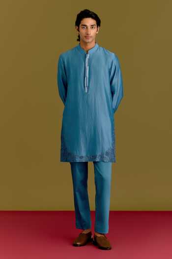 Devnaagri_Blue Silk, Cotton, Chanderi, Lycra Placed Embroidered Kurta Set _Online_at_Aza_Fashions