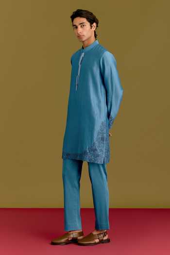 Buy_Devnaagri_Blue Silk, Cotton, Chanderi, Lycra Placed Embroidered Kurta Set _Online_at_Aza_Fashions