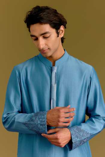 Shop_Devnaagri_Blue Silk, Cotton, Chanderi, Lycra Placed Embroidered Kurta Set _Online_at_Aza_Fashions