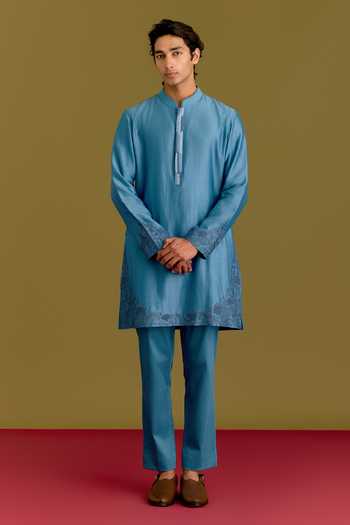 Devnaagri_Blue Silk, Cotton, Chanderi, Lycra Placed Embroidered Kurta Set _at_Aza_Fashions