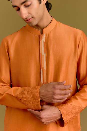Devnaagri_Orange Silk, Cotton, Chanderi, Lycra Placed Embroidered Straight Kurta Set _Online_at_Aza_Fashions