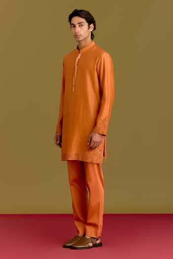 Buy_Devnaagri_Orange Silk, Cotton, Chanderi, Lycra Placed Embroidered Straight Kurta Set _Online_at_Aza_Fashions