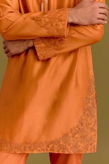 Shop_Devnaagri_Orange Silk, Cotton, Chanderi, Lycra Placed Embroidered Straight Kurta Set _Online_at_Aza_Fashions